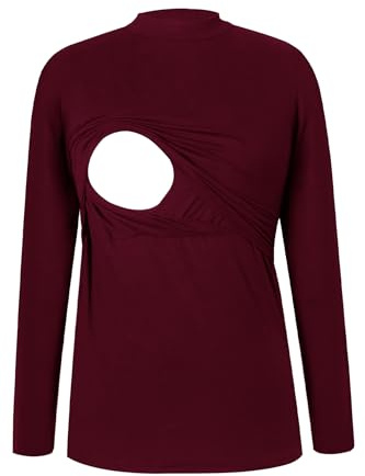 Smallshow Maglia da allattamento da donna girocollo a maniche lunghe per allattamento, Bordeaux, M