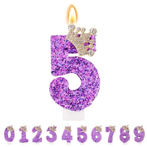 TESGADGETS Velas de Cumpleaños Lila, Velas de Cumpleaños de Corona Combinables con Número 5 para Tartas, Vela Brillante con Número 5 como Decoración para Celebraciones de Aniversario