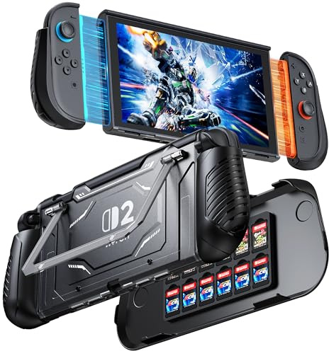 FYOUNG Andockbare Schutzhülle für Nintendo Switch 2, [Schutz in Militärqualität] Abnehmbare Ergonomische TPU-Griffabdeckung für Joy-Con 2, PC-Frontabdeckung mit 10 Spielkartenschlitzen(Schwarz)
