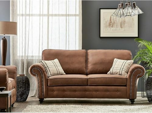 Oakland Brown Faux Leather Chesterfield 3+2 Seater Sofa - High Back Cushion Sofa for Living Rooms (Brown, 3 Seater)