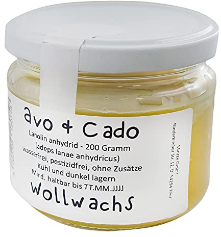 avo+cado Wollwachs 200g im Glas - zur Wollimprägnierung - zum Fetten von Wollwindeln und Wollkleidung - Brustwarzensalbe Creme - 100% reines Lanolin Schafwollfett - Wasserfrei und pestizidfrei