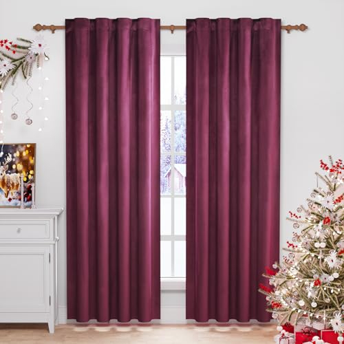 WOLTU 2 Stücke Samtvorhänge, für Schlafzimmer Wohnzimmer, Verdunklungsvorhang mit Kräuselband Thermogardine, 300 g/m² Schwere Samtige, 140 x 245 cm, Bordeaux