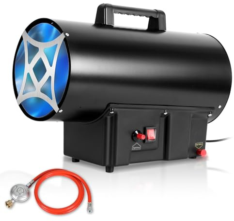 SWANEW Gasvärmefläkt 30 kW gasvärmare inklusive anslutningsslang och gastrycksregulator 700 mbar, effektiv yta: 450 m², för byggarbetsplatser, ventilerade förråd, garage etc