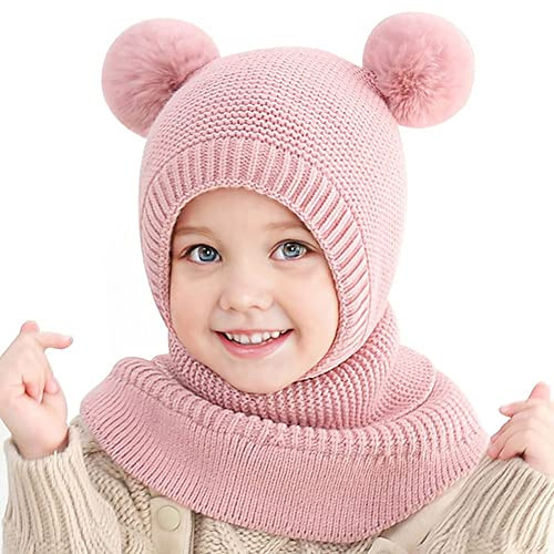 Rayson Gorros para Niño Niña Bebé otoño Invierno Gorros y Bufandas 3 en 1 para Mantener el Calor Gorro de Punto Acolchado para Niños de 2-6 Años(Rosa)