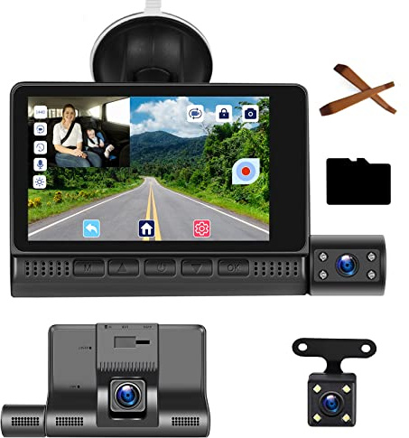 Hodozzy Dashcam Auto FHD Autokamera 4 Zoll Full HD 1080P Touch Screen, 3 Kamera Loop-Aufnahme, WDR Super Nachtsicht G-Sensor Parkmonitor, Bewegungserkennung, Dash Cam mit 32G SD-Karte, Rückfahrkamera
