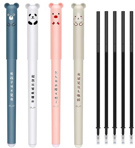 Rocita Gelschreiber, 0,35 mm, niedliches Cartoon-Tier, löschbar, blaue Tinte, für Studenten, Schreibwaren, Büro, Geschenk, 4 Stück Einheitsgröße Zufällige Farbauswahl （Schwarz）