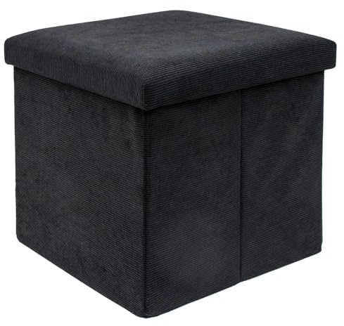 Intirilife Hopfällbar pall 38 x 38 x 38 cm i BLACK - sittkub med förvaringsutrymme och lock av tyg i sladdlook - sittkub fotstöd förvaringslåda bröstkorg sittbänk