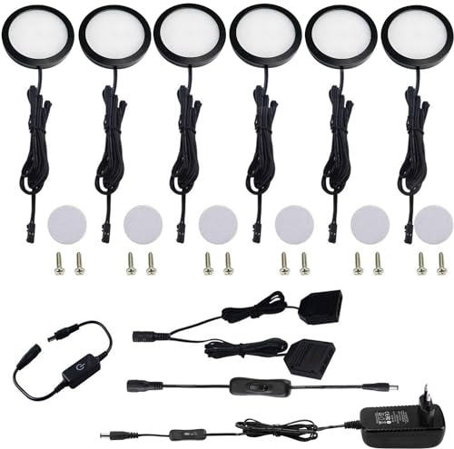 AIBOO Unterbauleuchte Küche LED Schwarz Dimmbar Schrankbeleuchtung 6 Stück Warmweiß mit Schalter und Stecker 230V,Vitrinenbeleuchtung LED Unterschrank Beleuchtung Küche Unterschrankleuchte für Schrank