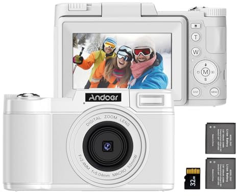 Andoer Cámara digital 48 MP 4 K portátil con pantalla giratoria TFT de 3,0 pulgadas Ultra HD Zoom 16x Anti-vibración con 2 baterías Tarjeta de memoria de 32 GB