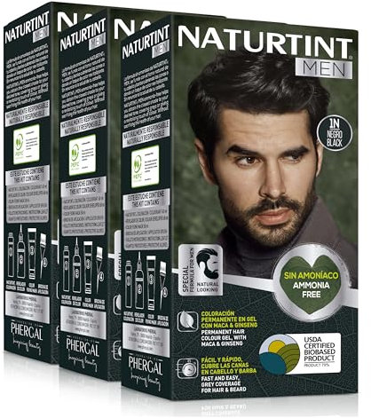 Naturtint Men | Coloración Permanente Sin Amoniaco Especial Hombres | 100% Cobertura de Canas | Color Natural y Duradero | Ingredientes Naturales | 1N Negro | Pack de 3