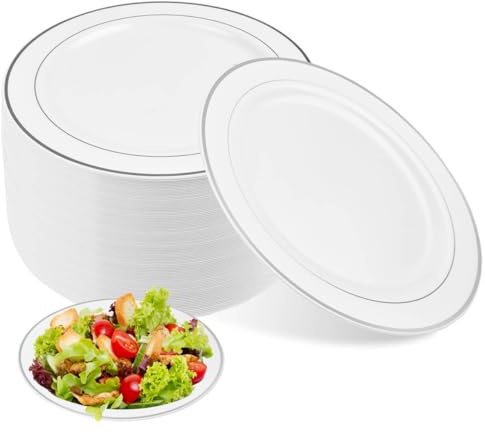 Plastic Plates with Silver Rim, 26cm / 10 inch Silver Party Plates,40Pcs | Unbreakable Dinner and Dessert Set for Wedding, Picnic, BBQ, Parties, Catering