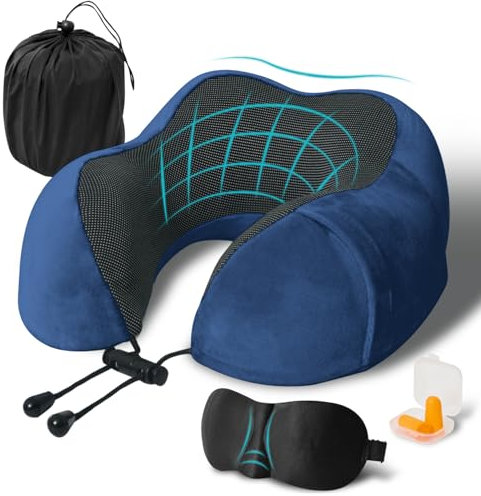 FANHOMAS Nackenkissen Flugzeug, Reisekissen Memory Foam, U-förmiges Travel Neck Pillow Nackenhörnchen Erwachsene mit Schlafmaske und Ohrstöpsel Mitbringen für Flugzeug Auto Büro - Blau