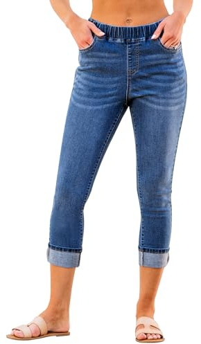 Roskiky Pull On Capri Leggings da donna a vita alta, skinny, in denim elasticizzato, Blu scuro, M