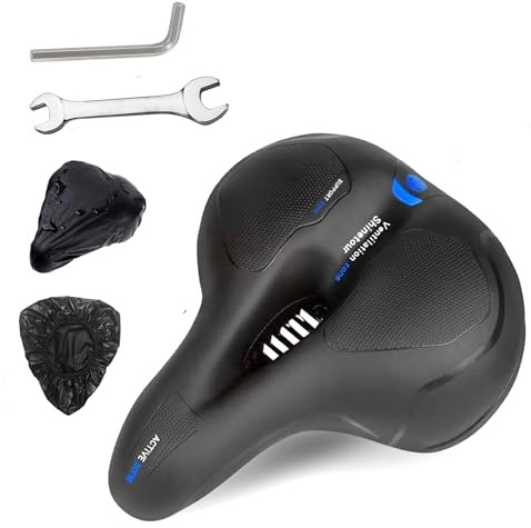 Hmfmdy Sillín de bicicleta, sillín de bicicleta con doble muelle, ergonómico, con cubierta impermeable y llave para bicicleta de montaña, bicicleta de carretera, bicicleta estática, asiento de