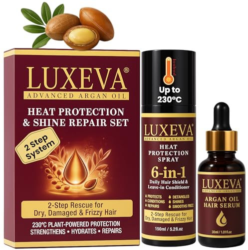 LUXEVA 6-in-1 Argan Oil Heat Protection Spray for Hair Treatment | Leave In Conditioner Spray & Lightweight Hair Oil For Dry Damaged Strands | 230°C Heat Protectant & Anti Frizz Detangler, 150 + 30ml