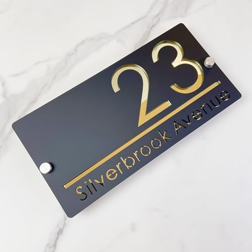 Plaque de numéro de maison en plein air, design suspendu plaque de numéro de maison personnalisée, plaque de nom de rue 3D découpée au laser acrylique moderne (noir et or)