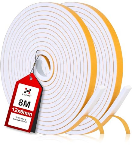 XEEINC 8M Dichtungsband Selbstklebend für Türen, 12mm(B) x 6mm(D) Schaumstoffband Türdichtung für Tür Fenster, Gegen Kalte Fensterdichtung, Anti Kollision/Schalldichter/Staubdicht - Weiß