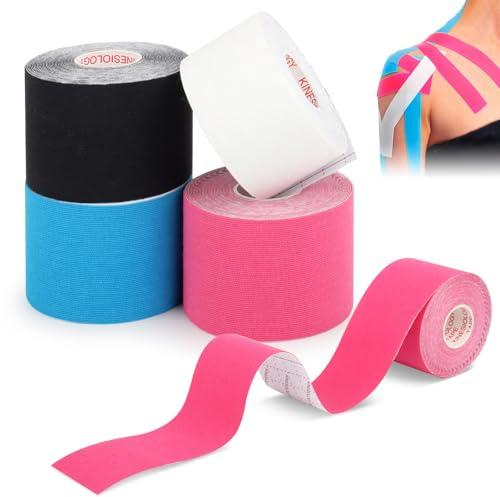 UTOCLEC 4 Rollos de Cinta Kinesiológica, 5mx5cm & 5mx3.8cm Venda Neuromuscular Adhesiva, Elásticas, Impermeable, para Hombros, Rodilla, Codo, Alivio del Dolor, Sin látex