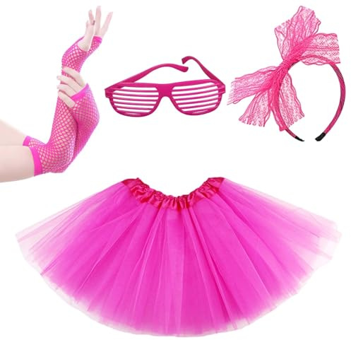 YFHUVB 4 Pcs Pink Tutu Set, Pink Tutu Skirts for Women and Girls, with Fishnet Gloves, Retro Glasses, Headband, Tulle Fabric Skirts Perfect for Halloween Party Theme Events Costume Dance Dress