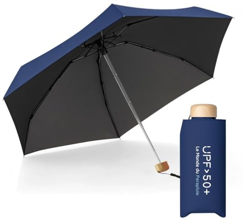 Le Monde du Parapluie Mini parapluie pliant pour femme - Parapluie plat 5 plis - Ultra Léger et compact - format voyage, poche, sac - coupe-vent - Protection UV UPF 50+, anti-UV - Bleu marine