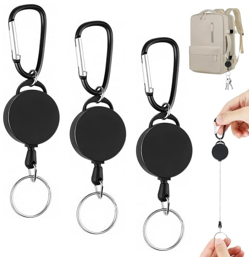 Aihoom 3Pcs Retractable Keychain, Heavy Duty Key Reel with 65cm Nylon Cord, Extendable Badge Holder Clip, 3 Pack Multipurpose Backpack Keychain Key Lanyard for Car Keys, Office ID, Camping Gear
