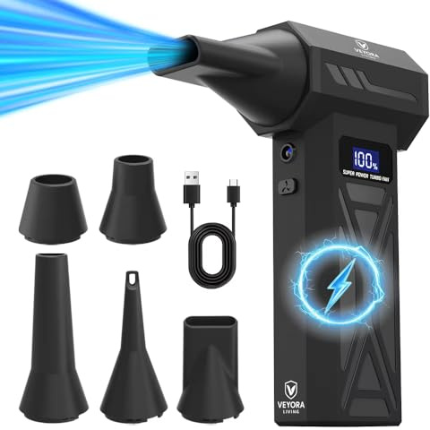 VEYORA Compressed Air Duster – 110000RPM Cordless Electric Air Blower for PC, Laptop, Keyboard, Car & Electronics – 4 Gear Adjustable Air Spray Can Alternative with LED Light & USB Rechargeable Batter