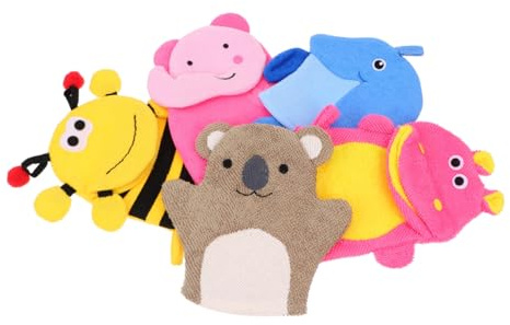 SMASOLO 5 pièces Exfoliants de Bain pour Garçon Fille Douce Serviette de Toilette Animaux Cartoon pour Garçon Fille Nettoyage Délicat Peau Sensible Léger et Facile à Transporter