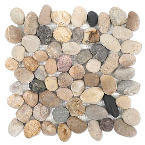 Lovdeco Pebble Tiles for Shower and Bathroom Floor, Tumbled Mix River Rock Pebble Stone Mosaic Tile with Matte Surface, 5 Sheets (12 X 12), 5 sq.ft