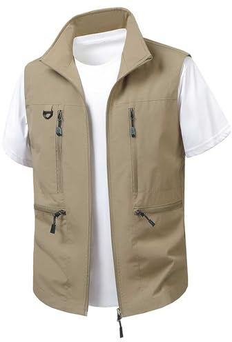 Generisch Chaleco de primavera y verano para hombre, cuello informal, bolsillo cargo chaleco abrigo
