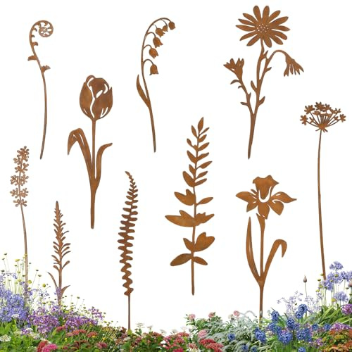 HUIKUANGEU Decoración de Metal Oxidado,10 Piezas Decorativas Jardin Oxidada,Decoración de Jardín,Estacas de Flores de Primavera,Gartendeko Outdoor Deko,para Césped Exteriores Patio Trasero,Jardín