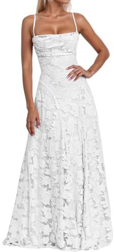 Robe de Soirée Longue pour Mariage Luxe Blanche XL Robe Demoiselle d'honneur Dentelle Florale Jacquard Robes Soirée Élégance Broderie Corset Bretelles Sexy Denudee Mousseline Mariée Princesse Dress S