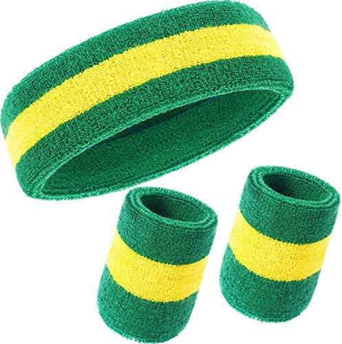 WILLBOND 3 Pcs Striped Sweatbands Set for Men, Breathable Moisture Wicking 2 Wristbands 1 Headband, Tennis Striped Sweat Band 80s Accessories Costumes, Matching Band to Wear with Brazil Jamaica Jersey