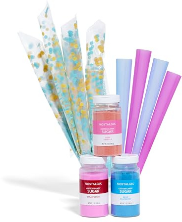 Nostalgia FSCC8 Cotton Candy Party Kit 3 Flavors, 4 Reusable Cones, 10 Floss Bags, 1, blue