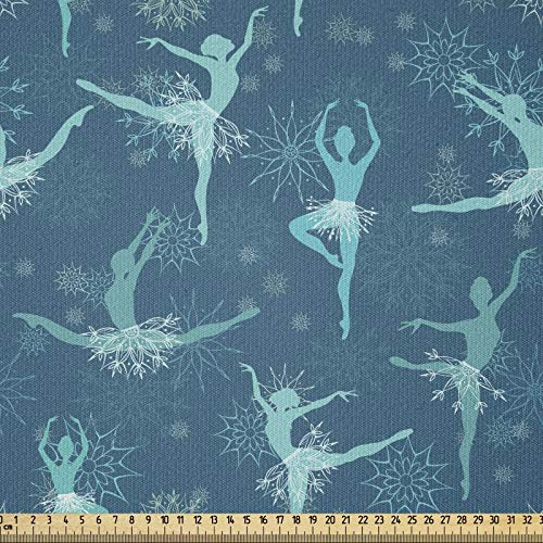 ABAKUHAUS Ballet Fabric by The Yard, Snowflake Ballerina Dancers Noel Winter Themed Christmas Elf Fairy Design, Fabric for Upholstery and Home Accents, 3M (148x300cm), Petrol Blue Turquoise