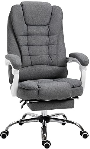 Vinsetto Fauteuil de Bureau Ergonomique, Chaise de Bureau avec Repose-Pied, Dossier inclinable, accoudoirs rembourrés, en Tissu Aspect Lin Gris
