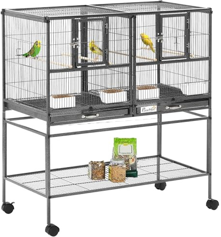 PawHut Divided Breeder Bird Cage with Rolling Stand Removable Metal Tray, Storage Shelf, Wood Perch, and Food Container