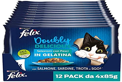 FELIX Le Ghiottonerie - Cibo Umido per Gatti Adulti, Bocconcini in Gelatina con Salmone, Sardine, Trota e Sgombro, 48 Buste da 85g