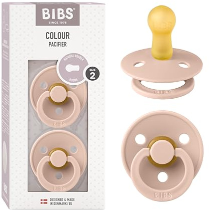 BIBS Colour Soother 2-Pack, BPA Free Dummy Pacifier, Round Nipple. Natural Rubber Latex, Size 2 (6-18 Months), Blush/Blush