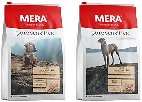 MERA Pure Sensitive Junior Truthahn und Reis Welpenfutter – Trockenfutter für die tägliche Ernährung nahrungssensibler Welpen & Pure Sensitive Adult Truthahn und Reis Hundefutter