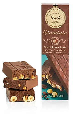 Venchi - Barra Gianduia Nocciolata Piemonte, 200 g, con “Avellana Piamonte IGP” Entera, Sin Gluten, Sin Colorantes y Sin Conservantes