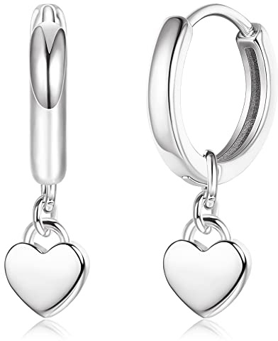 ORAZIO S925 Sterling Silver Heart Dangle Hoop Earrings for Women Girls, Small Huggie Earring With Love Dangle, Lightweight Sliver Rose Gold Sleeper Earrings 10mm Jewelry Gifts