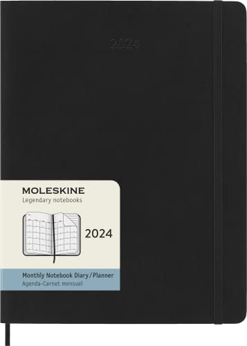 Moleskine Monatsplaner 12 Monate 2024, Planer 2024, XL-Format 19x25, Weicher Einband und elastischer Verschluss, Farbe Schwarz