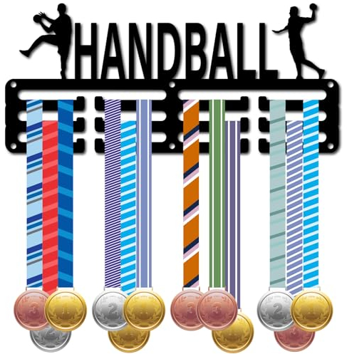 CREATCABIN Handball-Medaillenhalter,Sport-Medaillenaufhänger,Display,Auszeichnungsbänder,Organizer,Kleines Metallgestell Zum Aufhängen An Der Wand,40+ Medaillen,Sport-Renngeschenke,Schwarz,29x13cm