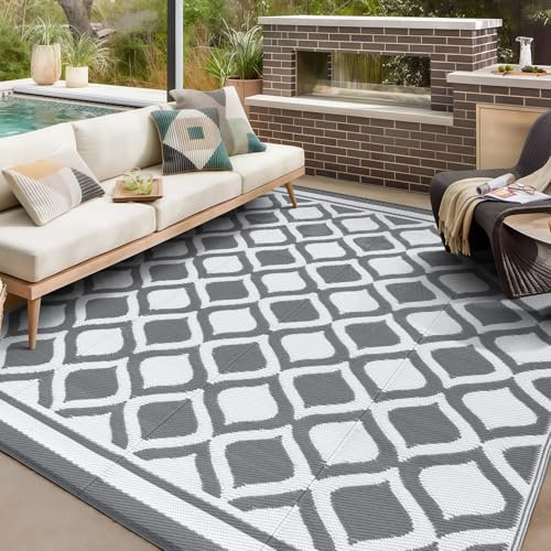 VK·LIVING Alfombra Exterior Impermeable 150X240cm Reversible Duradera & UV Resistente Moderna Portátil Ligera para Alfombra de Exterior Balcón Camping Patio RV Gris&Blanco