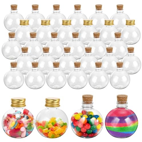 YOUNTHYE 30Pcs Potion Bottles, 150ml/5oz Plastic Bottles with Cork Lids and Gold Aluminum Caps, Ball Shape Plastic Sand Art Containers with Mini Funnels for DIY Party Decorations