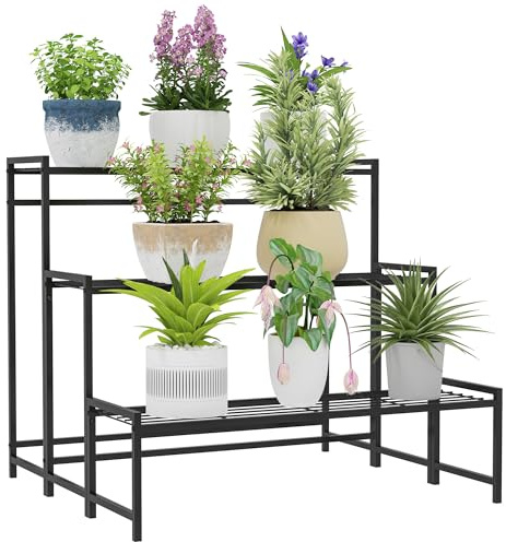 Outsunny 3-Tier Metal Plant Stand, Modern Ladder Shelf Flower Pot Holder for Indoor Outdoor, Display Shelf Rack for Garden Patio Balcony, Black