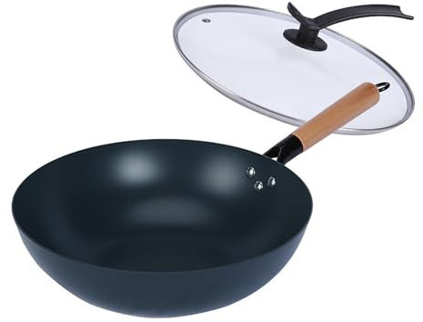 LIYGAOF 32cm Bratpfanne Wok mit Deckel Eisenpfanne: Massivholzgriff Induktionsgeeignet Geschmiedet Eisenpfanne mit Glasabdeckung für Hobbyköche und Profis (32cm)