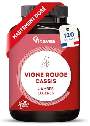 Circulation Sanguine Jambes Légères - Vigne Rouge, Cassis - Drainant Puissant Rétention d’Eau - Bien-Être Circulatoire - 120 Gélules - 60 jours - Fabriqué en France - Vitavea