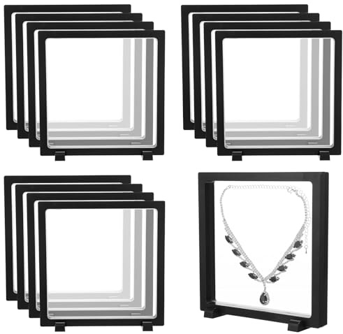 12 Pcs Black 3D Floating Display Case Frame, 7 Inch Plastic Holder Stands, Jewelry Storage Box with Base for Challenge Coins, Medallions, Jewelry, Collectibles and More
