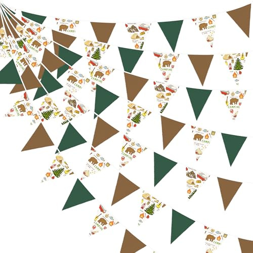 32Ft Green Brown Camper Bunting Banner Camping Party Decorations Fabric Pennant Triangle Flag Garland for Camping Birthday Baby Shower Glamping Campfire Adventure Woodland Outdoor Garden Party